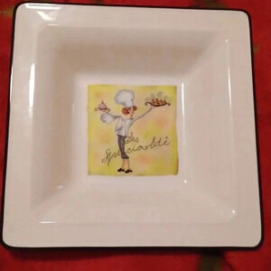 💙🌹1 Italian square serving dish.  green, yellow & pink (painting background)